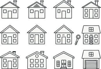 Line art illustration of diverse houses and the associated concept of homeownership.