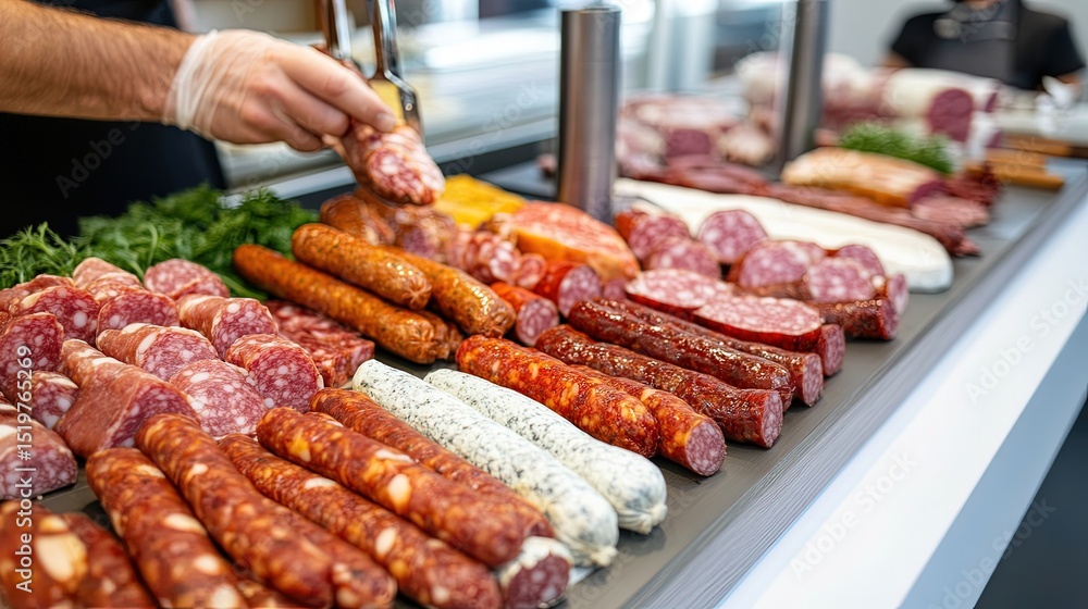 Poster close-up of a butcher's table with a variety of sausages and cured meats, placed neatly on a plain, 