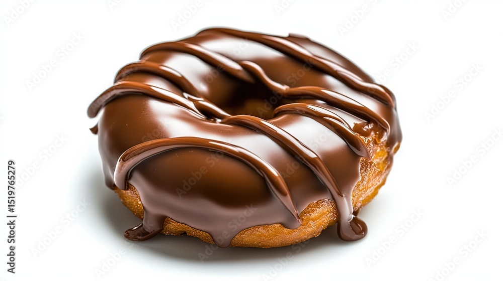 Poster close-up of a chocolate donut with a glossy finish, isolated on a pure white background with no dist