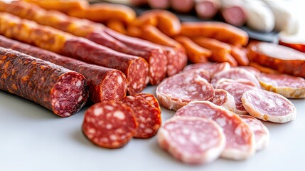 Close-up of a butcher's table with a variety of sausages and cured meats, placed neatly on a plain, clean surface.