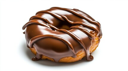 Close-up of a chocolate donut with a glossy finish, isolated on a pure white background with no distractions. 