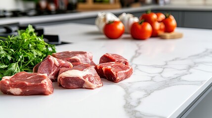 Close-up of a clean marble countertop with premium cuts of meat laid out, a professional butcher's selection, and plenty of empty space around.