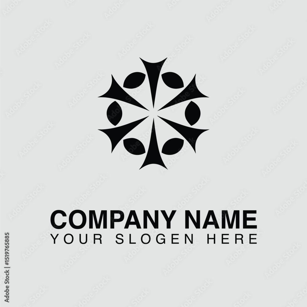 Poster abstract geometric logo design with petal and arrow shapes arranged in a circular pattern, isolated 