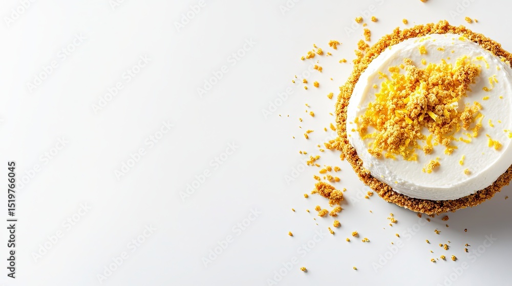Poster close-up of a lemon cheesecake topped with crushed graham cracker crumbs and lemon zest, set on a wh