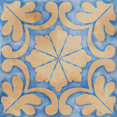 Blue and yellow Azulejos tiles. Traditional Portuguese Mosaic, Spanish Majolica tile decoration. Ideal for patchwork print wallpaper design. Watercolor artwork perfect for antique tileable ceramics 