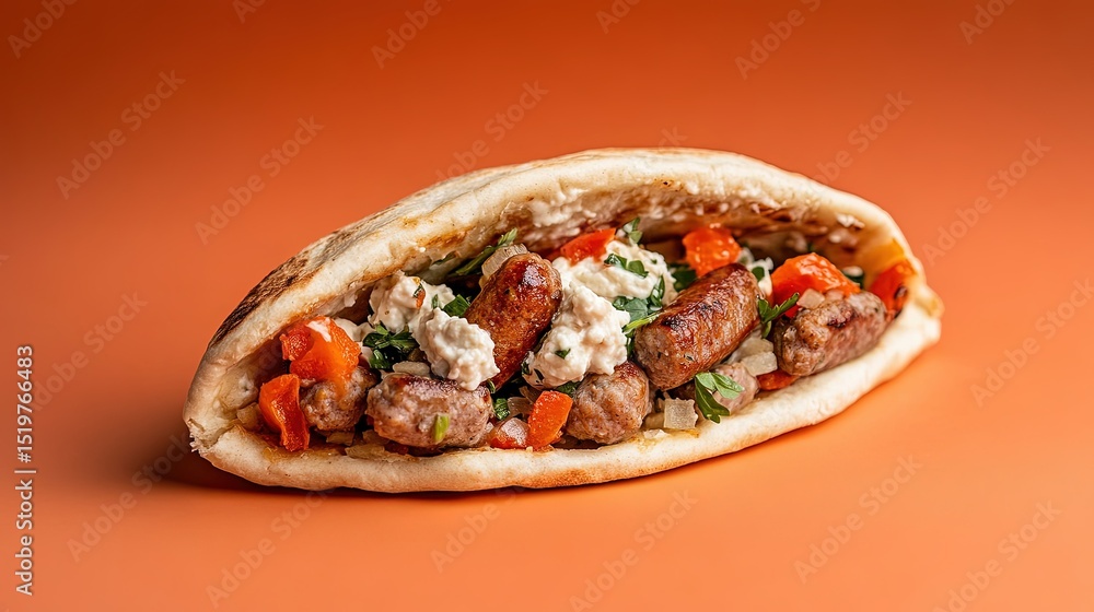 Poster close-up of a sausage pita placed on a flat surface, with its texture and fillings highlighted, isol