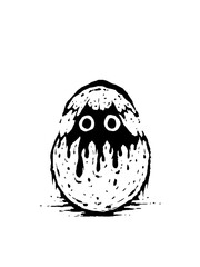 Melting egg-shaped creature with eyes in eerie monochrome line drawing