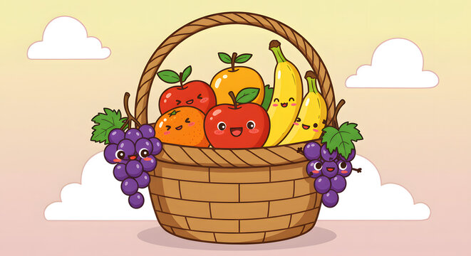 Design a cartoon fruit basket with smiling apples, bananas, and grapes
