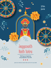 Jagannath Puri Rath Yatra. Festive paper cut style banner with Lord Jagannath, traditional festive chariot, flowers and wheels