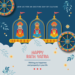 Jagannath Puri Rath Yatra. Festive paper cut style banner with Lord Jagannath, Balabhadra, Subhdra and hand painted plants
