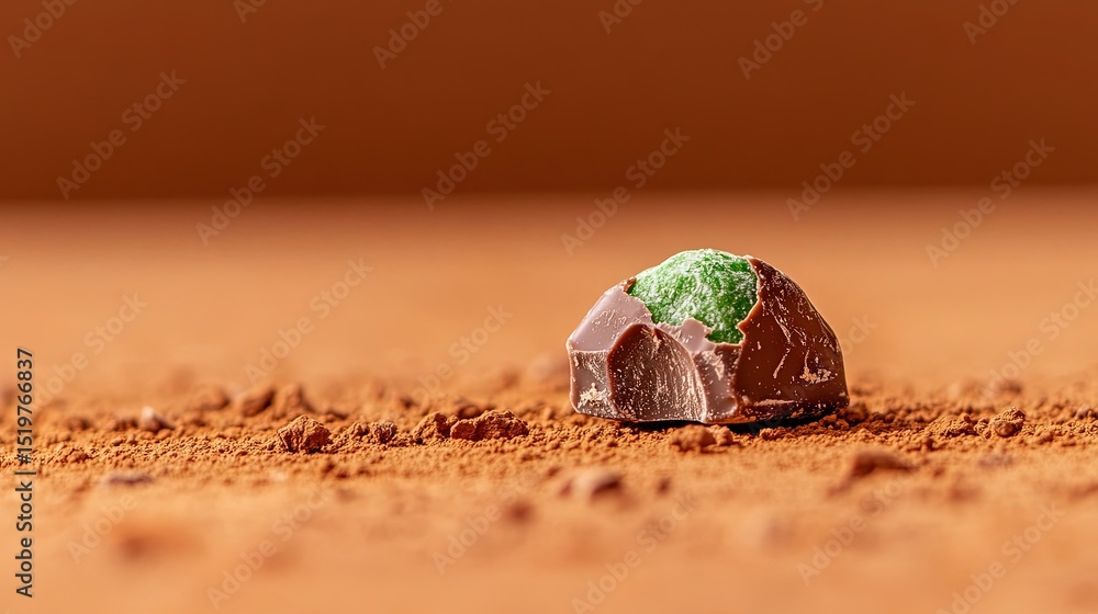 Poster close-up of a small nugget of mint chocolate resting in the center of a minimalist background.