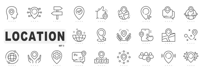 Set of location related line icons. Pointer, marker, pin, direction etc. Editable stroke. Set 3