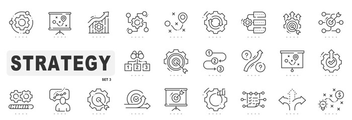 Set of strategy related line icons. Plan, target, solution, challenge etc. Editable stroke. Set 3