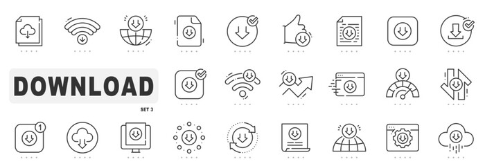 Set of download related line icons. Button, save, down, upload etc. Editable stroke. Set 3