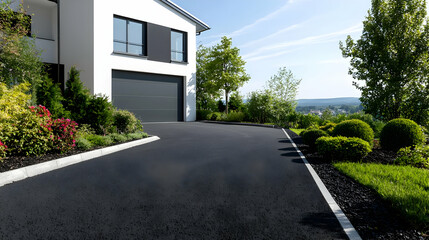 Modern House Driveway With Landscaping And Garage