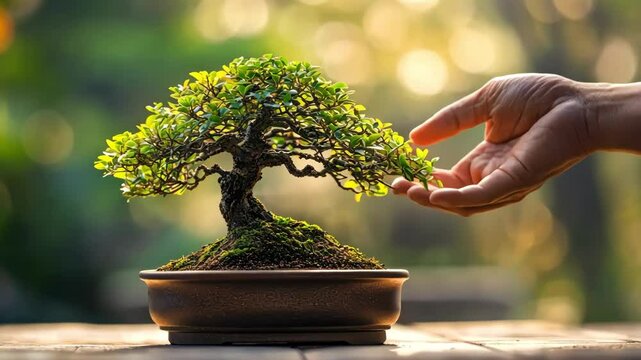 One person touching Bonsai tree. Caring for small Bonsai plant. Zen like nature.
