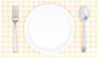 3Dイラスト_皿とカトラリー_ランチョンマット_黄色