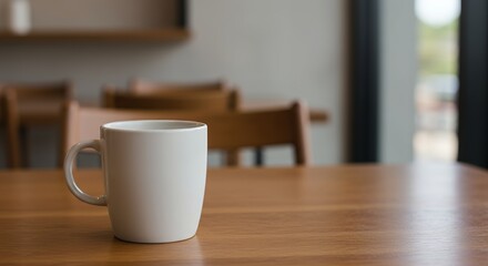 White Mug on a Wooden Table in a Cafe Interior