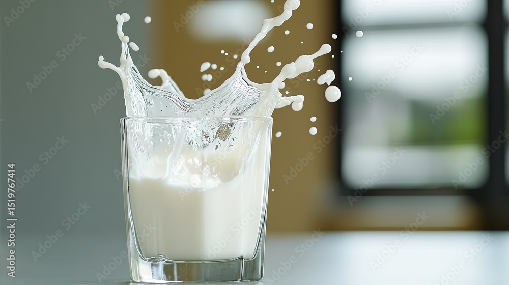 Poster close-up of ayran splashing into a clear glass, the motion frozen in time, with an empty background.