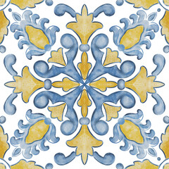 Blue and yellow Azulejos tiles. Traditional Portuguese Mosaic, Spanish Majolica tile decoration. Ideal for patchwork print wallpaper design. Watercolor artwork perfect for antique tileable ceramics 