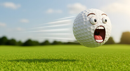 a golf ball with a funny face flying through the air, screaming in excitement