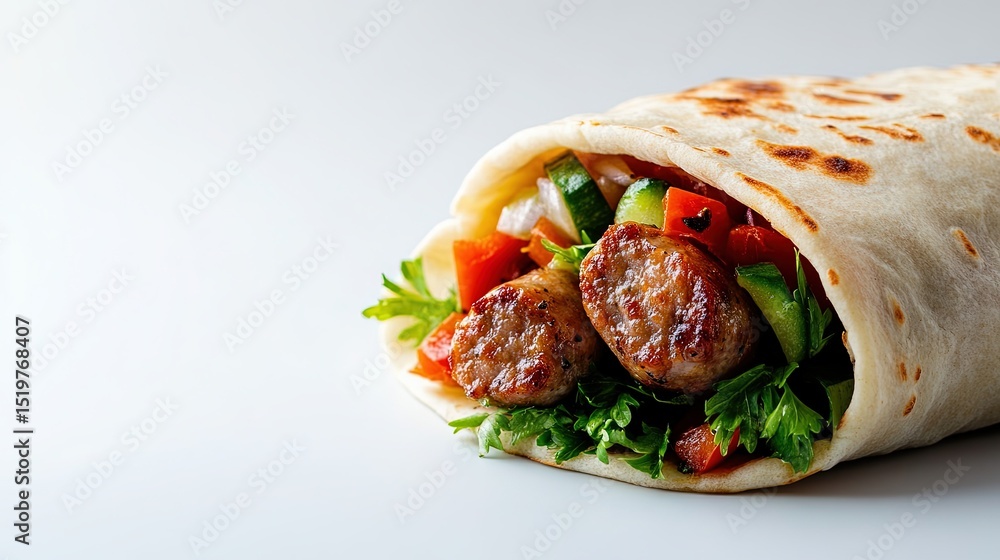 Poster close-up shot of a freshly made sausage pita with crisp vegetables, placed on a white background wit