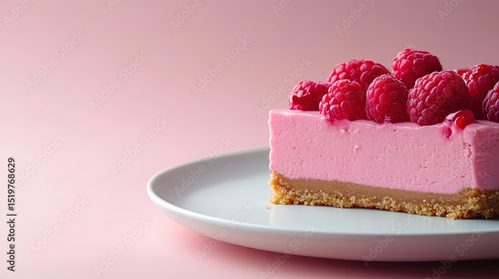 Poster close-up shot of a raspberry cheesecake slice on a white plate, placed on a minimalist background wi