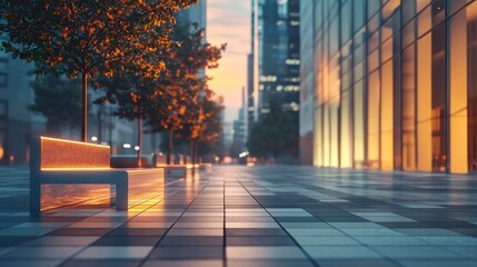 Illuminated Cityscape Bench at Dusk