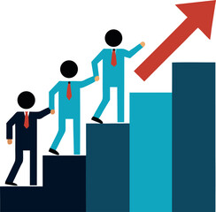 Team members ascending a staircase made of bar graphs