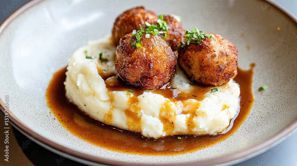 Poster crispy fried meatballs with a side of smooth mashed potatoes topped with gravy, on a simple ceramic 