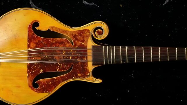 Vintage mandolin resting in a case,  rich golden-orange hue,  intricate inlay,  dark backdrop.  Dark red case visible