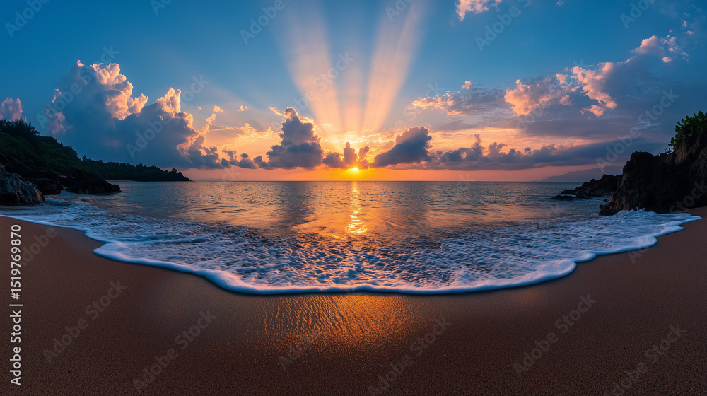Poster a serene beach sunset with golden sunrays piercing through scattered clouds, reflecting on calm ocea