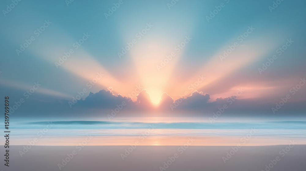 Poster a serene beach sunset with golden sunrays piercing through scattered clouds, reflecting on calm ocea