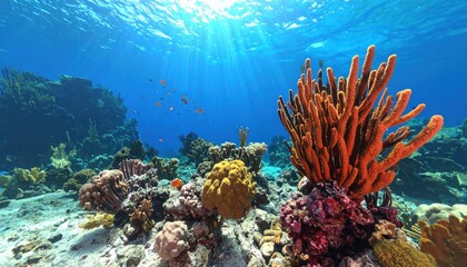 Vibrant underwater coral reef ecosystem bathed in sunlight creates serene scene