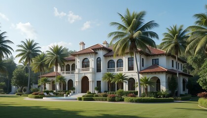 Luxury Mediterranean House with Lawn and Palm Trees