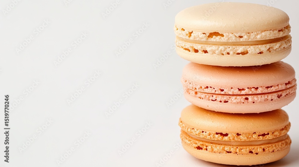 Poster elegant stack of three macaron cookies in shades of peach and gold, placed on a soft white backgroun