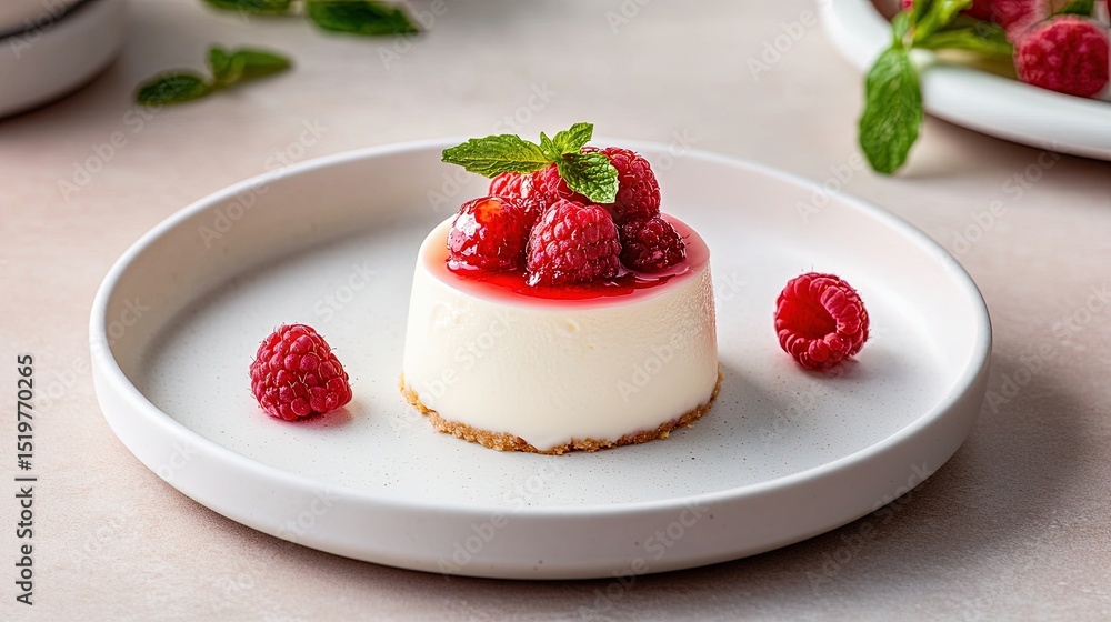 Poster elegant raspberry cheesecake on a delicate porcelain plate, set on a neutral background with ample e