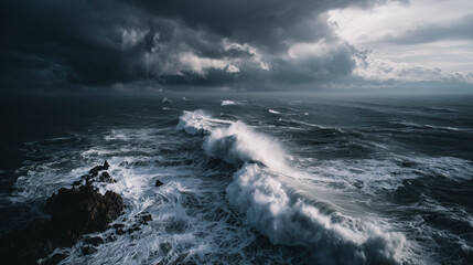 Aerial view of massive ancient tsunami waves crashing onto rocky coastline with towering dark water wall and dramatic storm clouds. Prehistoric natural disaster and extreme weather concept.