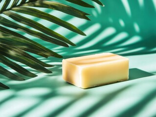 A bar of handmade soap with an isolated botanical green background