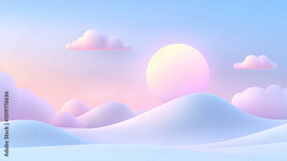 Poster rolling hills under a pastel sunset, soft sunrays diffusing through scattered clouds. minimalist sty