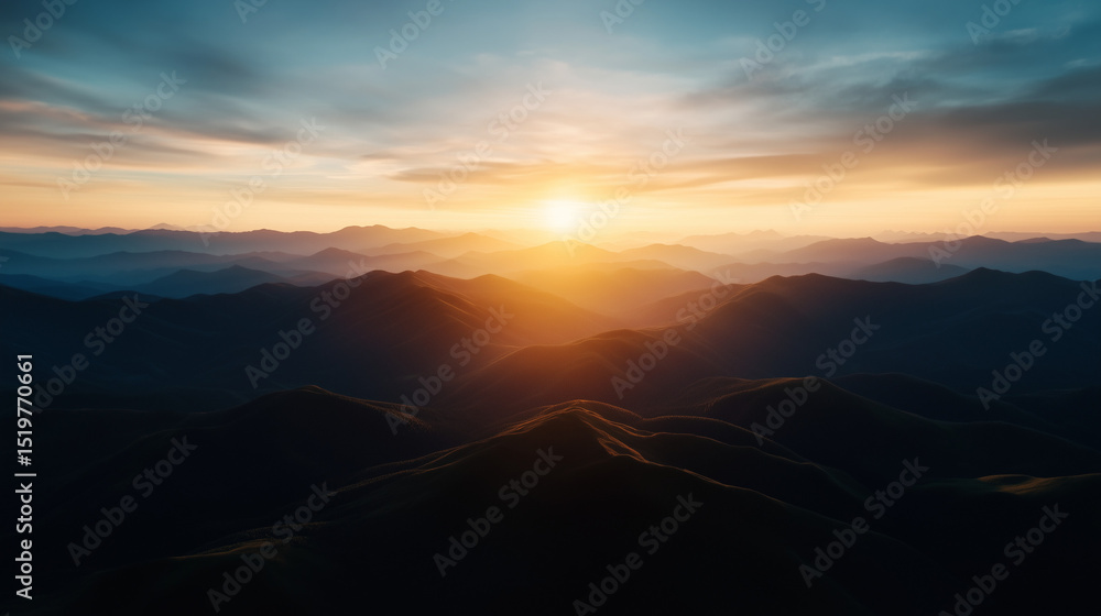 Poster rolling hills under a pastel sunset, soft sunrays diffusing through scattered clouds. minimalist sty
