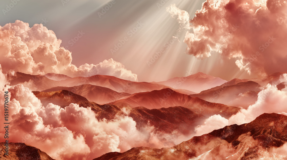 Poster rolling hills under a pastel sunset, soft sunrays diffusing through scattered clouds. minimalist sty