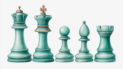 Merger integration and growth concept. A row of teal chess pieces including the queen, king, pawn, bishop, and rook on a white background.