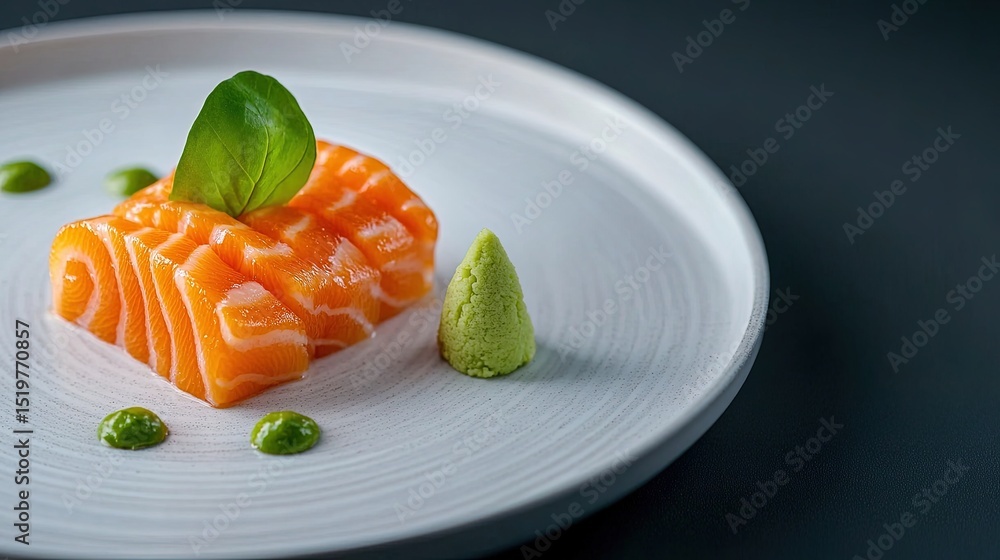Poster fresh salmon sashimi slices placed on a minimalistic white plate with a touch of wasabi on the side.