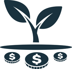 Growing plant fertilized by dollar coins symbolizing investment growth