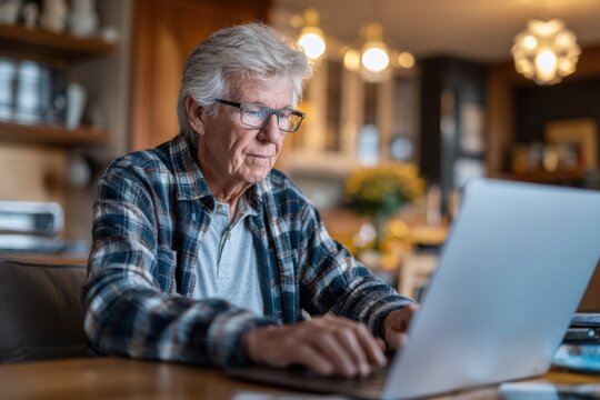 Senior man wearing glasses and a plaid shirt is focused on using a laptop computer at a wooden table in a cozy home environment, showcasing modern technology use