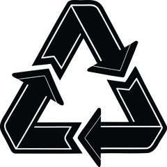 Bold black recycling symbol with sharp arrow edges, circular triangle loop icon for eco-friendly packaging, sustainability, and environmental conservation design use