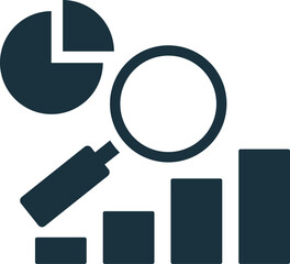 Magnifying glass analyzing pie chart and bar graph, representing market research and data analysis