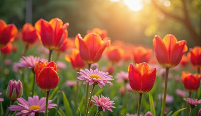Fototapeta premium Vibrant Tulips and Daisies in a Spring Meadow at Sunrise