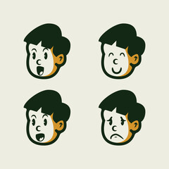 Cartoon boy face set showing surprised, scared, angry, and mischievous expressions in bold vector style. Perfect for emoji, mascot, sticker, or children’s content design